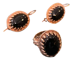 1990s Bronze and Green Agate Italian Rings and Earrings by Anomis