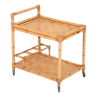 Mid-Century Italian Rectangular Bamboo, Rattan and Wicker Serving Bar Cart, 1960s For Sale