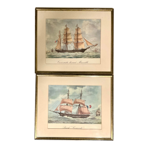 Pair of French Navel Ships From Limited Editionn Book. Silver Gilt Frames