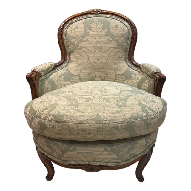 Late 19th Century French Walnut Bergère in Green Cotton Damask For Sale