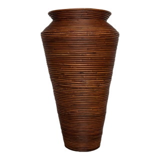 1970s Pencil Reed Floor Vase | Crespi Style Tall Amphora Rattan Vase For Sale