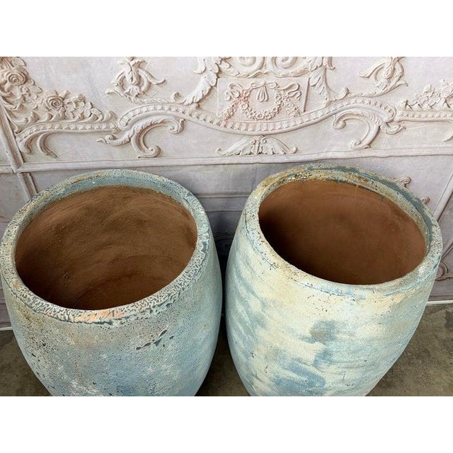 Pair of Large Atelier Vierkant Style Planters - Ocean Blue Patina Barrel Pots For Sale - Image 10 of 12