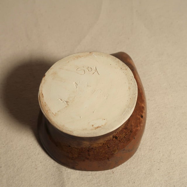 Hand-Thrown Studio Ceramic Bowl With Undulating Rim Earthy Brown and Blue Glaze on Pedestal Foot For Sale - Image 13 of 13