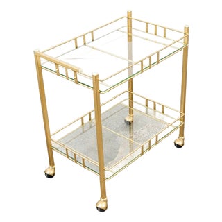 1960s Bar Cart Serving Trolley Brass Rolling Bar Glass 2 Tier Gold For Sale