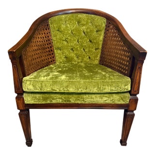 Vintage Green Velvet & Cane Accent Chair W/ Cushion For Sale