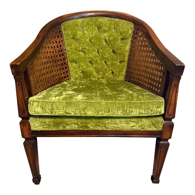 Vintage Green Velvet & Cane Accent Chair W/ Cushion For Sale