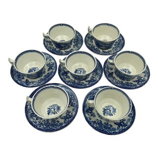 1940s Royal Staffordshire Tonquin Blue Transferware Tea Cups & Saucers – 14 pcs For Sale