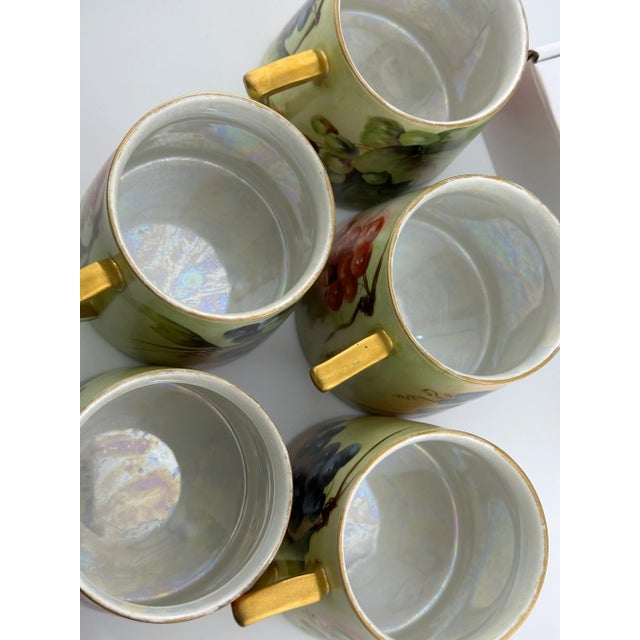 Green Set of 5 Limoges Porcelain Mugs – Hand Painted Grape Pattern, B&Co France, 1920s For Sale - Image 8 of 10
