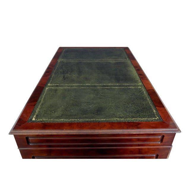 Mahogany and Burr Leather Top Pedestal Desk, 1990s For Sale - Image 3 of 9