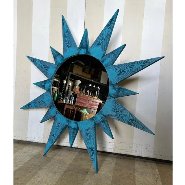 Beautiful 44" custom made sunburst mirror in our absolute blue faux bois. These are made to order in our Richmond, VA...