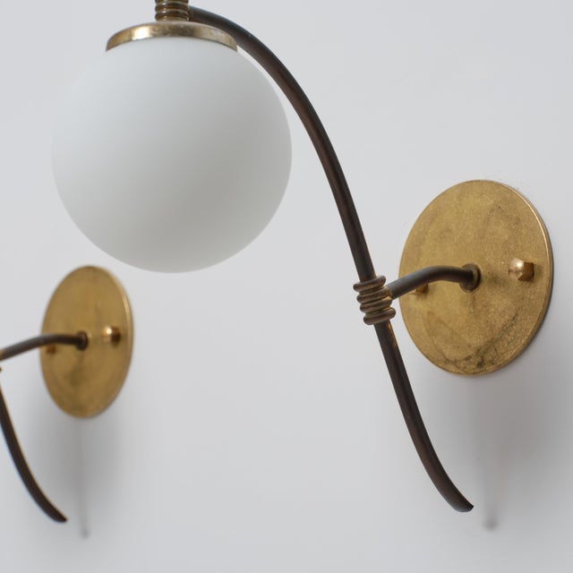 Vintage Italian Brass and Opaline Globe Sconces, 1950s, Set of 2 For Sale - Image 6 of 12