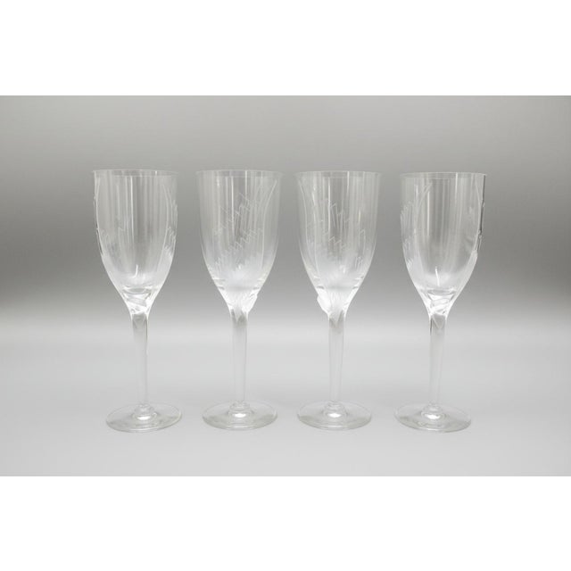 Art Deco Lalique France Crystal Ange Angel Wing Fluted Champagne Glass Set of 4 For Sale - Image 3 of 14