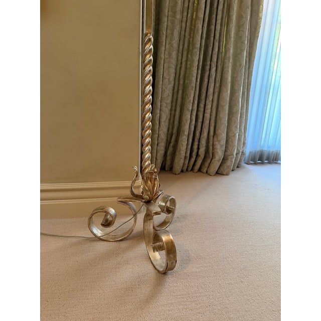 Dagmar Design Wrought Iron Floor Lamp With White-Gold Leaf, Custom Silk Shade For Sale In Los Angeles - Image 6 of 8