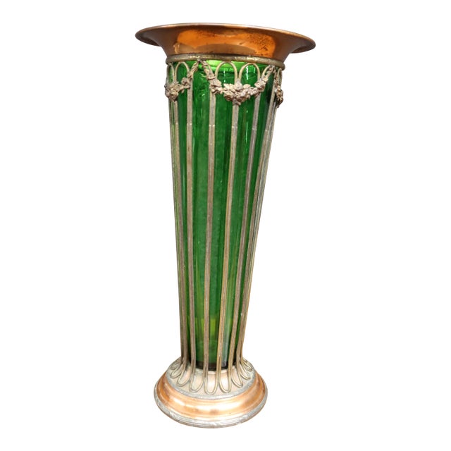 Emerald Glass & Copper Fluted Vase For Sale