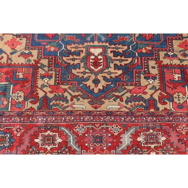 Early 20th Century Antique Persian Heriz Serapi Rug With Blue Field Geometric Medallion Design For Sale - Image 5 of 17