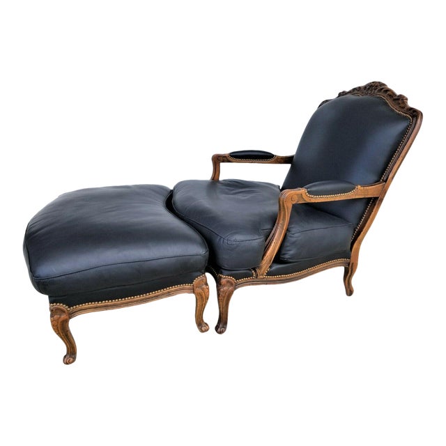 Chateau D Ax Genuine Black Leather French Louis Xv Style Fauteuil Chair With Ottoman Chairish