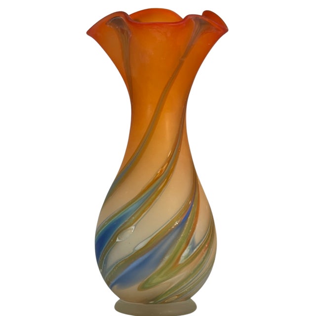 Contemporary Zareh Orange Art Glass Fazzoletto Vase With Green Blue Swirl For Sale - Image 3 of 18