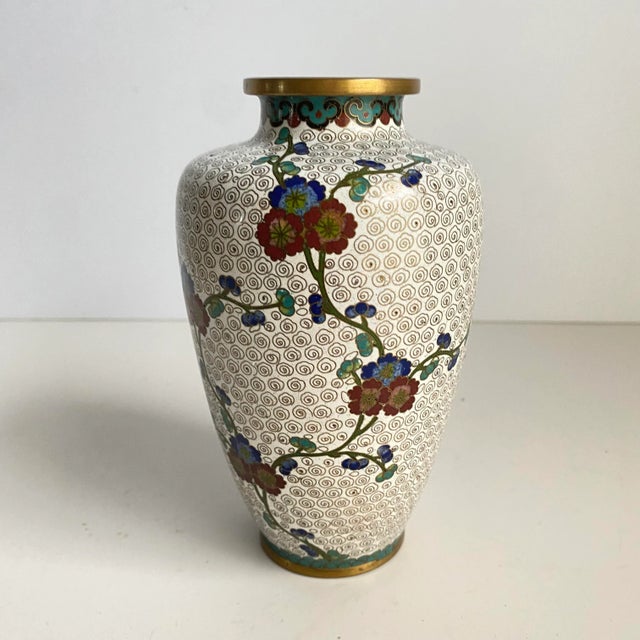 Cloisonné Vase Asian Chinoiserie Style White Cherry Blossom Floral 6" Tall For Sale - Image 6 of 12