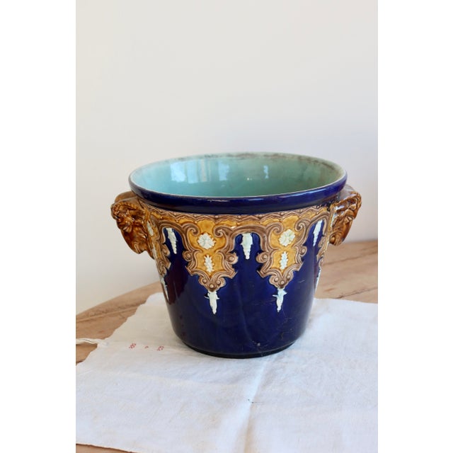 Ceramic Antique Fives-Lille Cachepot in Blue Glazed Ceramic with Neo-Renaissance Decor by Gustave De Bruyn, 19th Century For Sale - Image 7 of 11