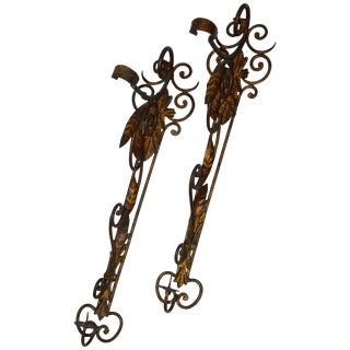 Pair of Metal Candleholder Wall Sconces With Foliate and Scrolls For Sale