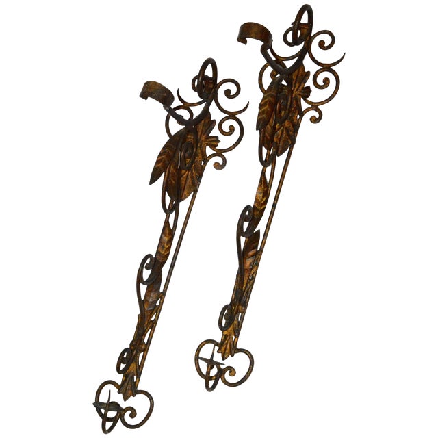 Pair of Metal Candleholder Wall Sconces With Foliate and Scrolls For Sale