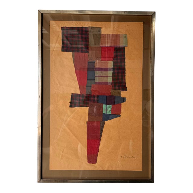Vintage T. Kramer Mixed Media Geometric Collage Textile Wall Art Painting For Sale