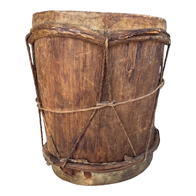 Early 20th Century Native America Hand Made Wooden Drum With Leather For Sale