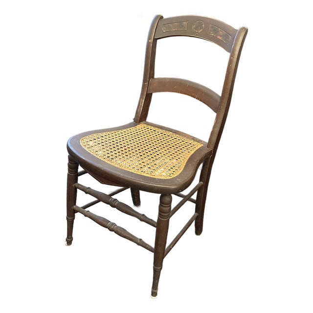Antique Farmhouse Style Hand Tied Cane Chair With Burl Inlays For Sale