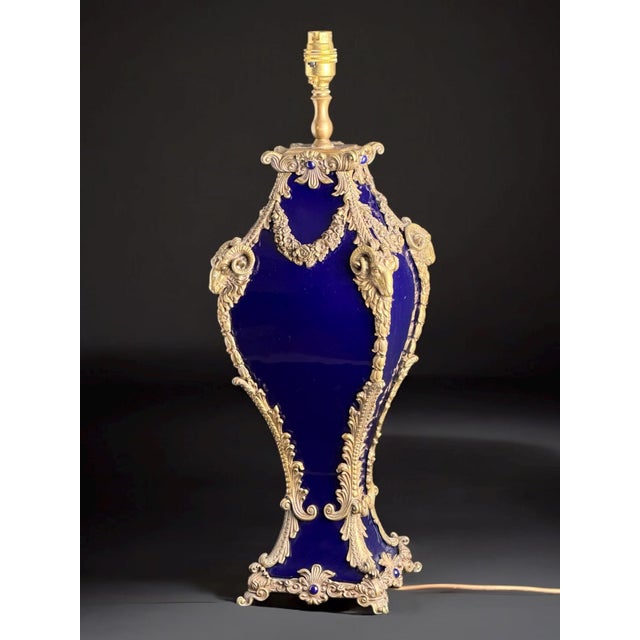 1920s French Cobalt Glass and Ormolu Table Lamp with Ram Heads in the style of Sèvres, 1920s For Sale - Image 5 of 14