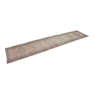Vintage Faded Turkish Oushak Long Runner Rug With Ombre Abrash and Indigo Borders For Sale