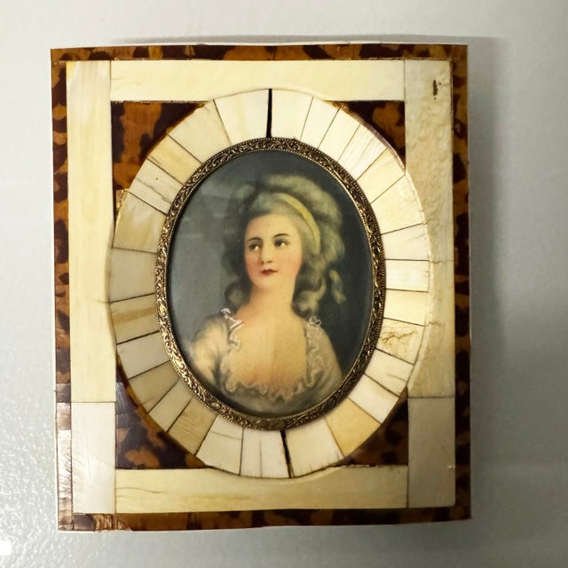 Set 4 Minature Portraits in Natural Bone Tiles and rich faux-Tortoise borders with ornate, beaded gilt metal bezels around...