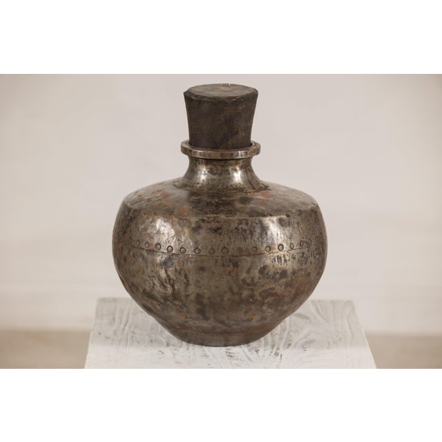 Metal Vintage Indian Hammered Metal Water Vessel with Wooden Stopper For Sale - Image 7 of 13