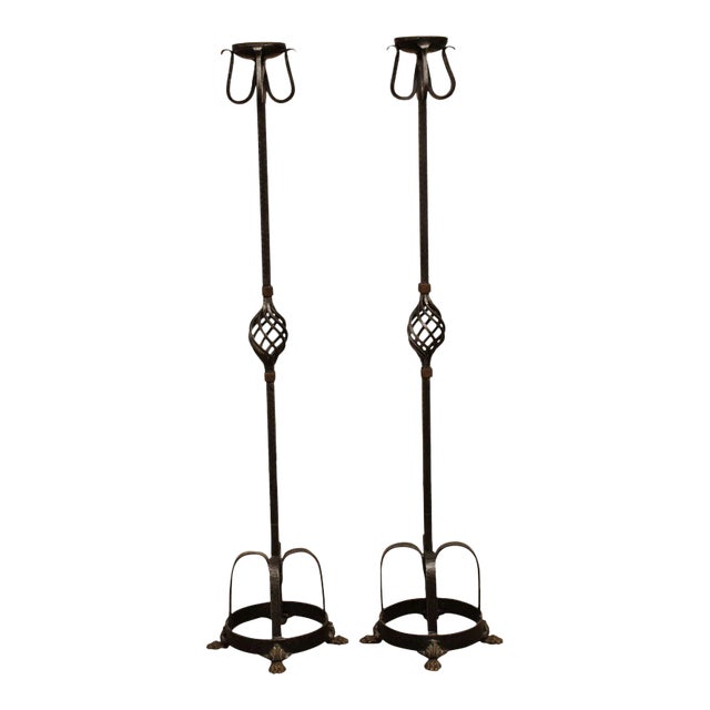 Spanish Renaissance Style Forged Iron Candle Stands - a Pair For Sale