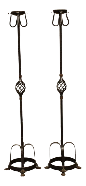 Spanish Renaissance Style Forged Iron Candle Stands - a Pair