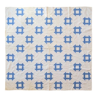 Early 20th C Hand-Quilted Blue and White Churn Dash Quilt For Sale
