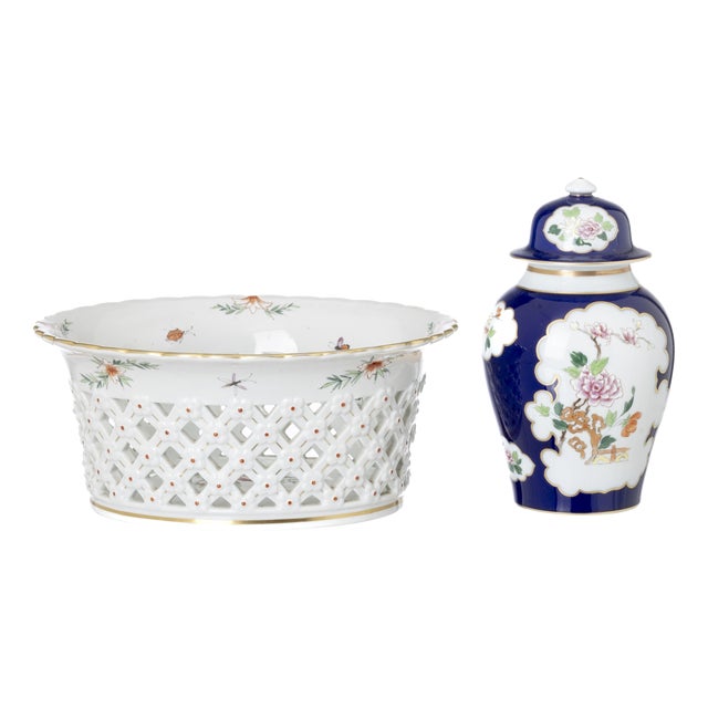 Porcelain Jar with Lid and Fruit Bowl from Vista Alegre, Set of 2 For Sale