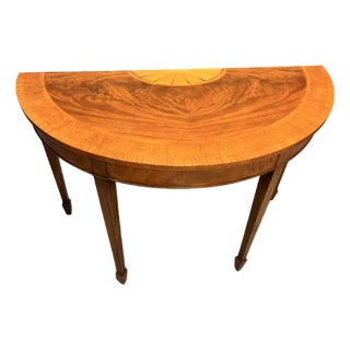 English Mahogany Hepplewhite Style Demilune Console Table With Exotic Wood Inlay & Sunburst Medallion, Circa 1920s For Sale