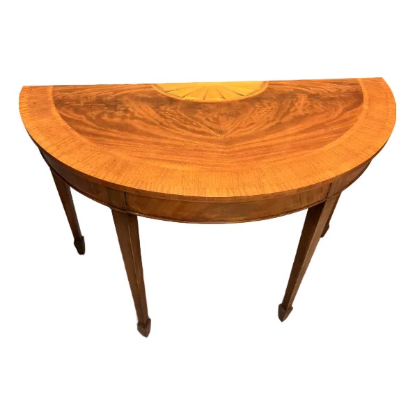 English Mahogany Hepplewhite Style Demilune Console Table With Exotic Wood Inlay & Sunburst Medallion, Circa 1920s For Sale