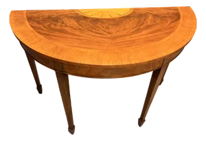 English Mahogany Hepplewhite Style Demilune Console Table With Exotic Wood Inlay & Sunburst Medallion, Circa 1920s