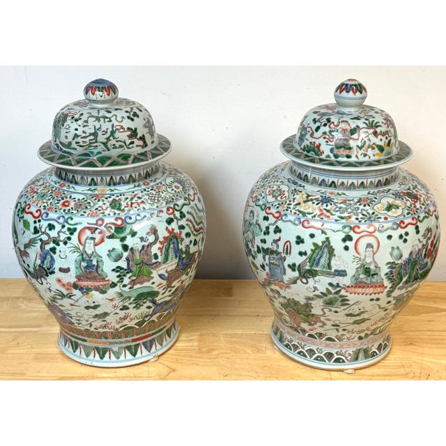 Pair of Monumental Chinese Famille Verte Daoist and Buddhist Covered Ginger Jars China, Late Qing Dynasty to Early...