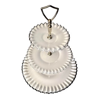 Vintage Fenton Milk Glass Tidbit Server With Silver Crest Rim and Metal Handle For Sale