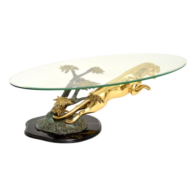 Vintage French Bronze, Brass, and Marble Leaping Jaguar Coffee Table, 1970s For Sale