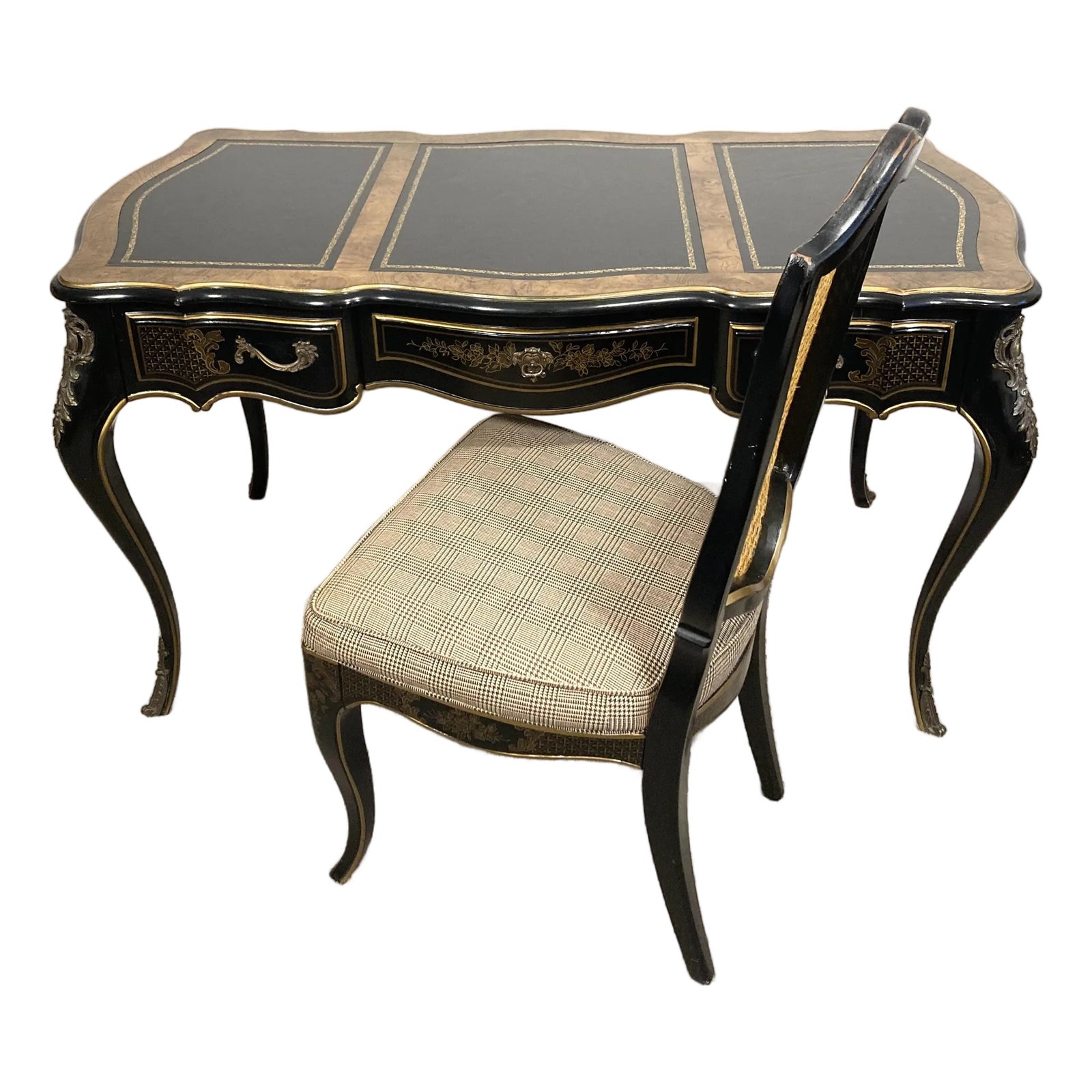 Drexel Heritage Black Lacquer Chinoiserie Louis XV Style Desk and