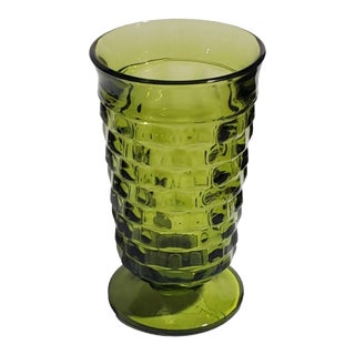 1960s Avocado Green Cubist Whitehall by Colony Footed Tea Glass Indiana Glass For Sale