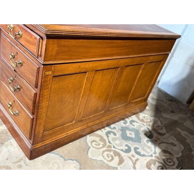 19th Century Large Size Antique English Geogra Style Oak Leather Top Double Pedestal Partner Executive Desk For Sale - Image 12 of 18