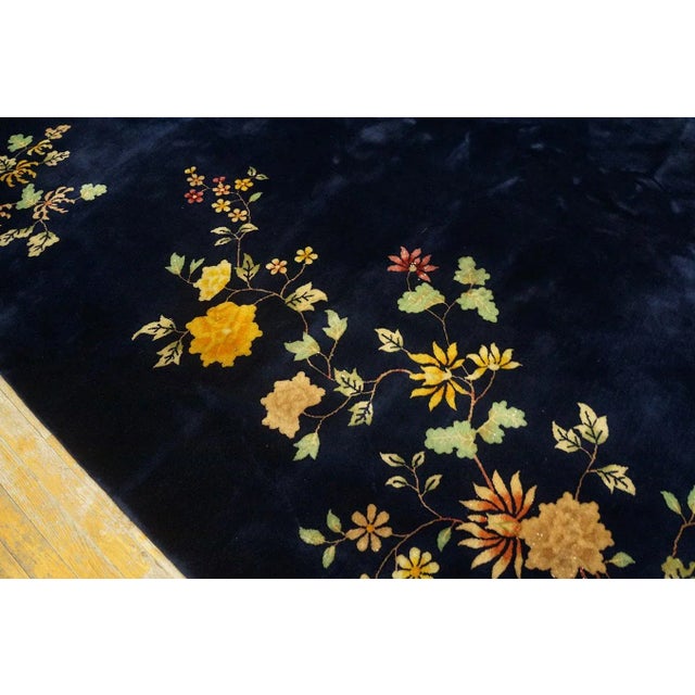 Textile 1920s Navy Blue Floral Tree Antique Chinese Art Deco Carpet 8' 10'' X 11' 7'' Knotted Wool Rug For Sale - Image 7 of 9