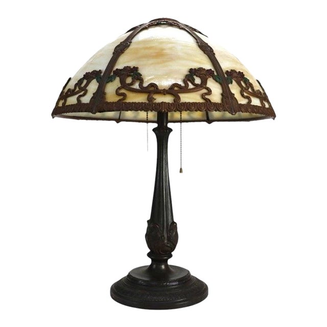 Bradley & Hubbard Arts & Crafts 6 Panel Slag Glass Table Lamp C1920 For Sale