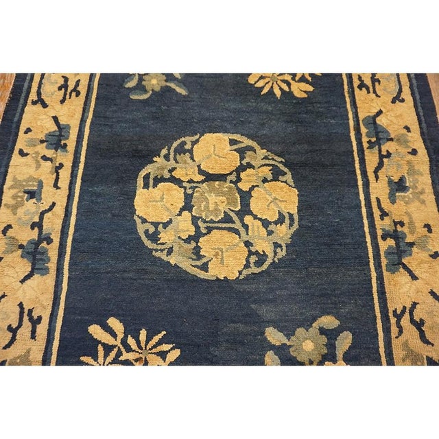 Textile 1920s Antique Medallion Oriental Chinese Blue Wool Rectangle Knotted Small Rug For Sale - Image 7 of 12