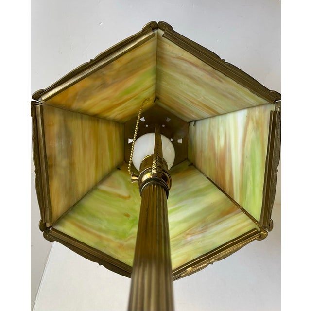 Antique Edward Miller E. M. Co. Green & Custard Slag Glass Table Lamp For Sale - Image 12 of 12