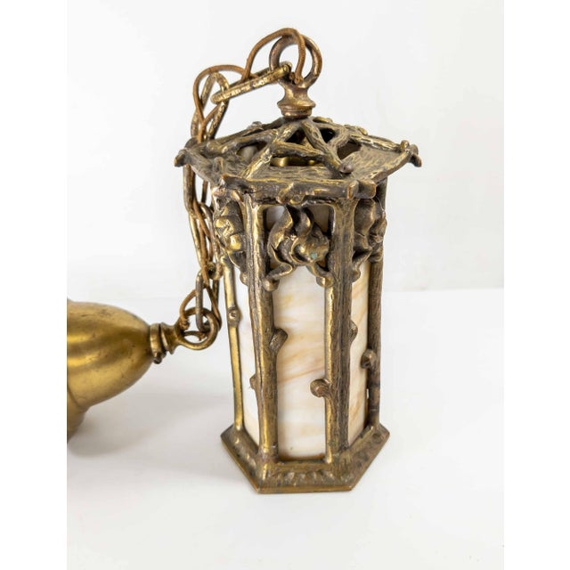 20th Century Arts & Crafts Brass and Slag Glass Gothic Tudor Revival Pendant Light For Sale - Image 4 of 15